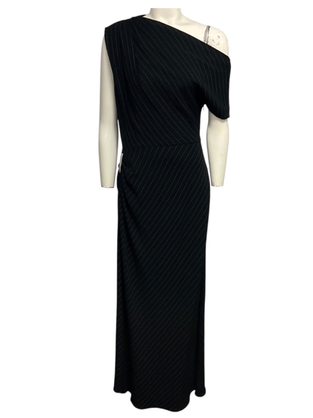 BRANDON MAXWELL BLACK / WHITE PINSTRIPE LOWERY ASYMMETRIC DRESS